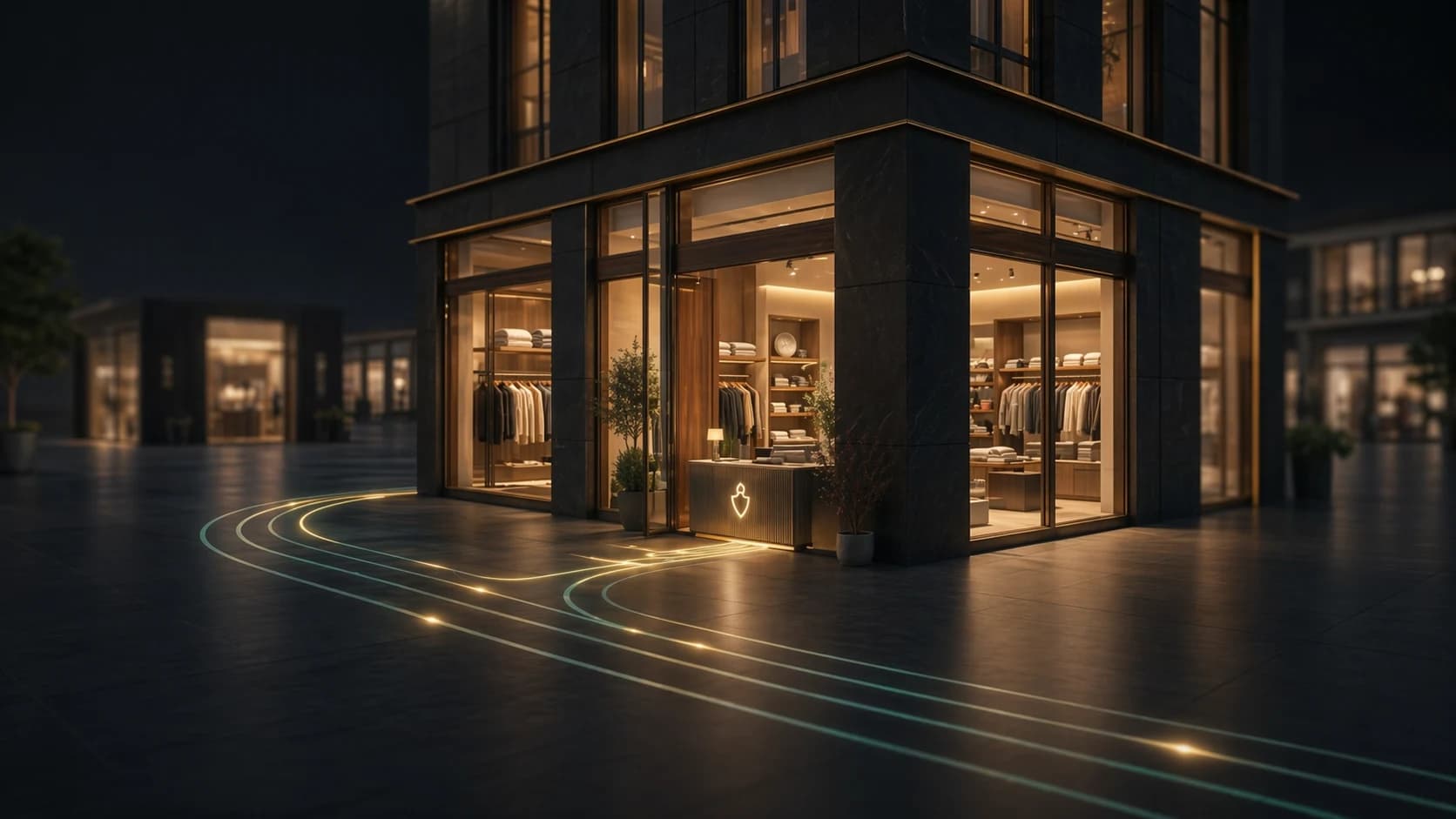 Warm storefront scene with routed agent traffic flowing toward a welcoming entrance.